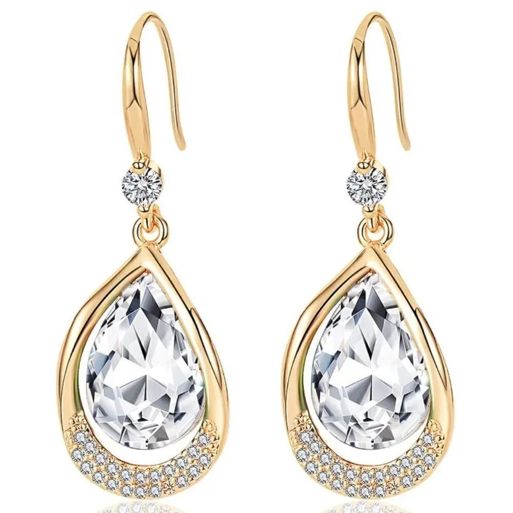 14K Yellow Gold and White Diamond Austrian Crystal Teardrop Halo Hook Earrings